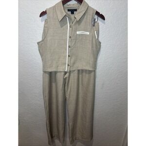 Tullea Womans  High Waist Pleated Wide Leg Pants & Crop Vest Set, Beige & White